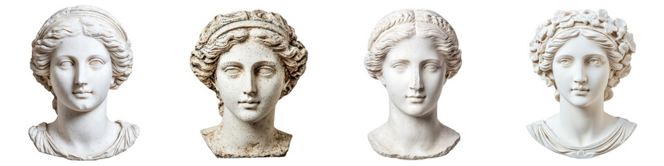 Collection of Elegant Neoclassical Marble Bust Sculptures Depicting Serene Graceful Female Faces from Ancient Greco Roman or Renaissance Period Art and Culture