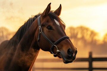 Obraz premium Majestic horse stands gracefully in a golden sunset by the pasture fence during the tranquil evening