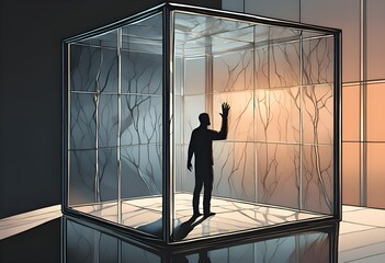  A silhouette of a person trapped inside a transparent glass cube