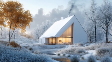 A modern house stands in serene winter surroundings, surrounded by snow-covered trees and golden foliage. Warm light glows from the windows, inviting a sense of calm