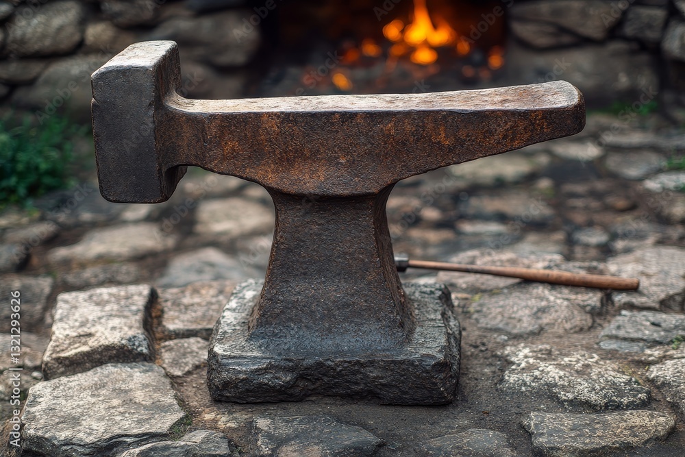 Poster blacksmithing tools displayed in an outdoor workshop with glowing forge in background