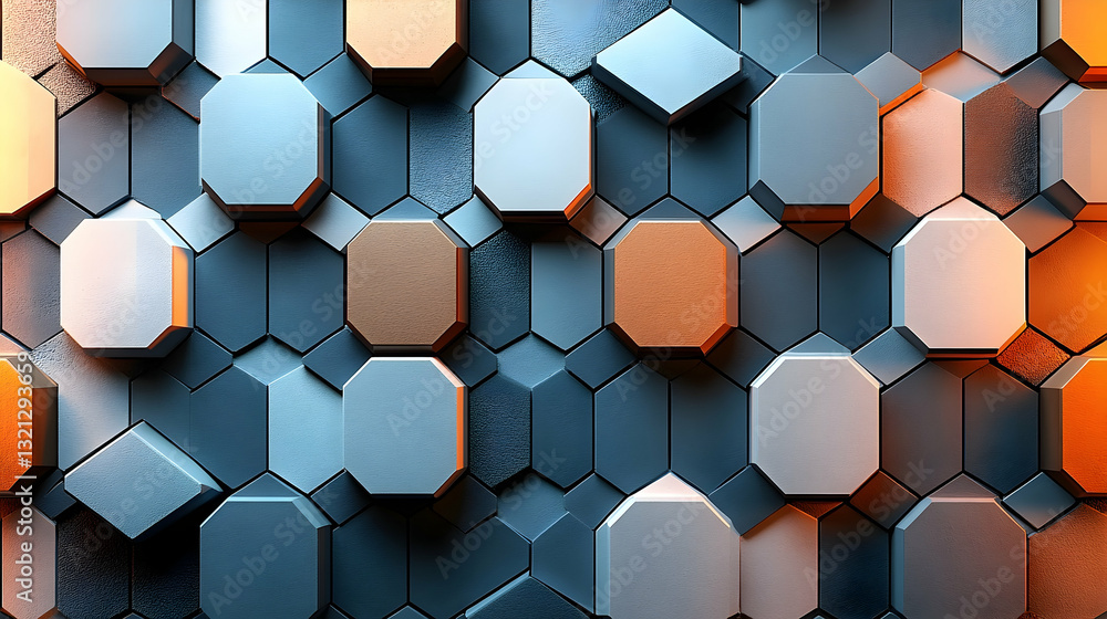 Poster abstract 3d geometric pattern with octagons in shades of blue, gray, and orange. hexagon-like shapes