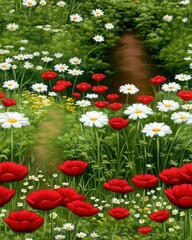 Obraz premium A field of red and white wildflowers blooming along a country road creating a beautiful scenic view of natural beauty