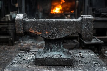 Blacksmithing workshop with anvil in focus and glowing forge in background