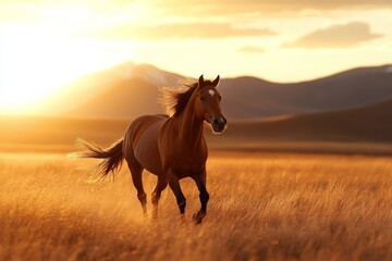 Obraz premium Horse running through golden grasslands during sunset, surrounded by mountains and a vibrant sky