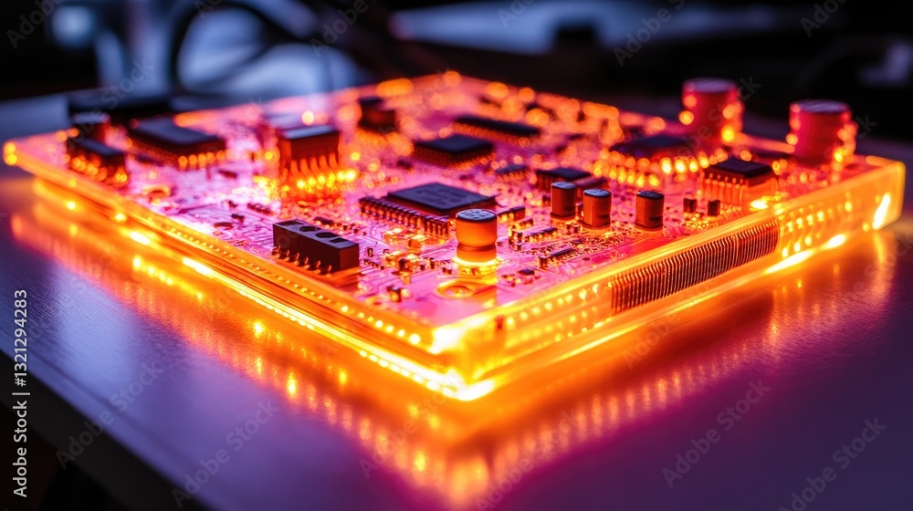 Poster Illuminated circuit board on table, tech background