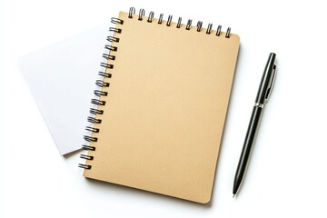Blank notebook and pen on white background