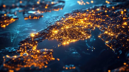 Obraz premium Aerial view of Europe at night showcasing illuminated cities and landscapes, with a starry sky in the background