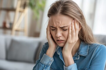 Young woman suffering from strong headache at home, copy space