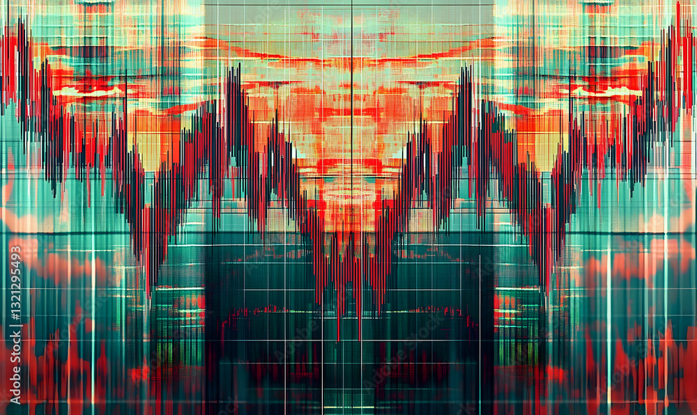Aufkleber abstract artwork featuring symmetrical, vibrant red and teal wave patterns overlaid on a grid, creat