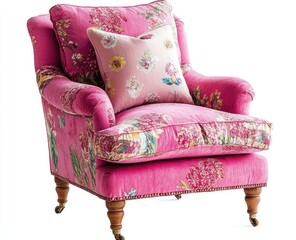 Pink floral upholstered armchair