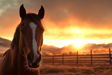 Obraz premium Majestic horse stands in silhouette against a stunning sunset in a quiet rural landscape during early evening