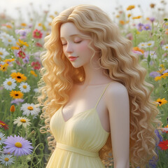 Naklejka premium woman, young, flowing hair, wildflowers, field, summer dress, soft light, natural, realistic, beauty, serene, peaceful, dreamy, nature, sunlight, breeze, elegance, floral, romantic, gentle, countrysid