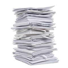 Tall stack of white paper documents, disorganized paperwork pile on a clean surface, ideal for office themes and organization tips. Isolated on white background or PNG