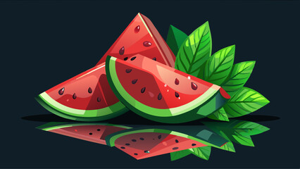 Fresh watermelon slices on a reflective surface, adorned with mint leaves, creating an inviting and refreshing image against a dark, contrasting background