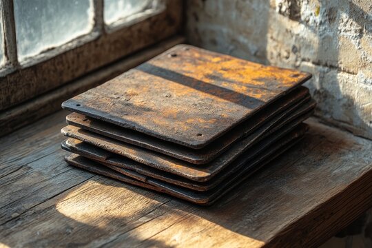 Blacksmith tools resting on a wooden surface near a window with warm sunlight shining through