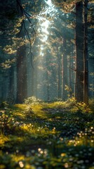 Fototapeta premium Sunlight path through misty forest floor
