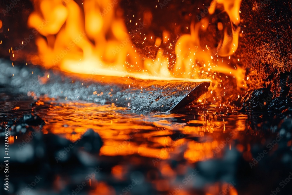 Poster blacksmith creating sparks while forging metal in a traditional workshop at twilight
