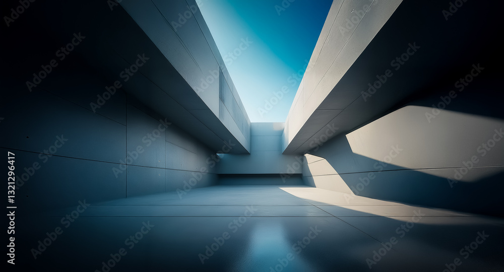 Poster abstract architectural space with concrete walls and open sky. light and shadow create a minimalist 