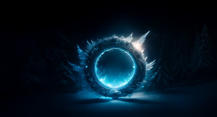 Blue glowing portal in dark snow. An icy ring of energy illuminates the winter night in a mysterious and surreal scene.