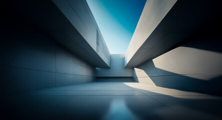 Abstract architectural space with concrete walls and open sky.  Light and shadow create a minimalist and modern scene.
