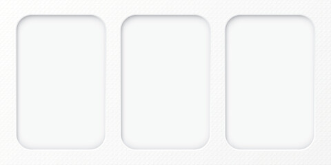 White wood free uncoated paper rough textured with three of blank 3D rounded rectangle vertical frames paper cut style graphic illustration.