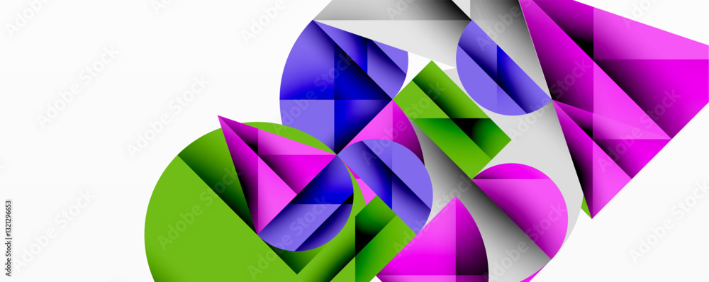 Poster Abstract geometric artwork with overlapping circles and gradients, circle square triangle shapes background featuring sharp angular cuts, smooth shading, and structured layered composition
