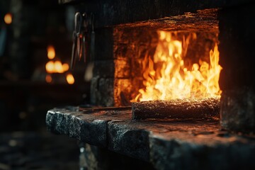 Crafting metal in a traditional blacksmith forge with glowing embers and vibrant flames