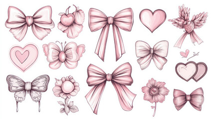 Coquette bows, ribbons, patches, flowers, cherries, hearts, and angels are all adorable. Beautiful pastel pink antique clipart. Girly decor with hand-drawn line art. Vector graphics 