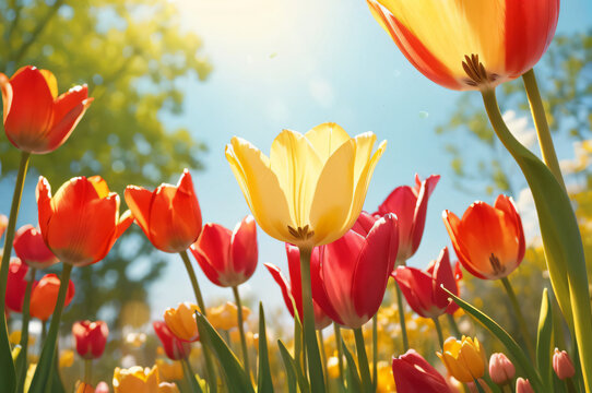 "Experience the vibrant beauty of spring.  
A dazzling field of tulips glows under the warm sunlight,  
their petals swaying gently in the breeze, creating a scene full of life and renewal."  
