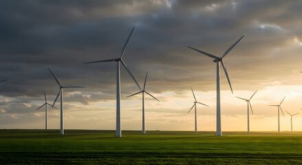 Wind Turbines on Green Fields at Sunset with Dramatic Clouds