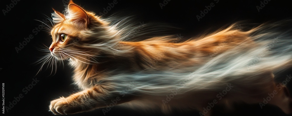 Poster an orange cat running swiftly with fur trailing behind it