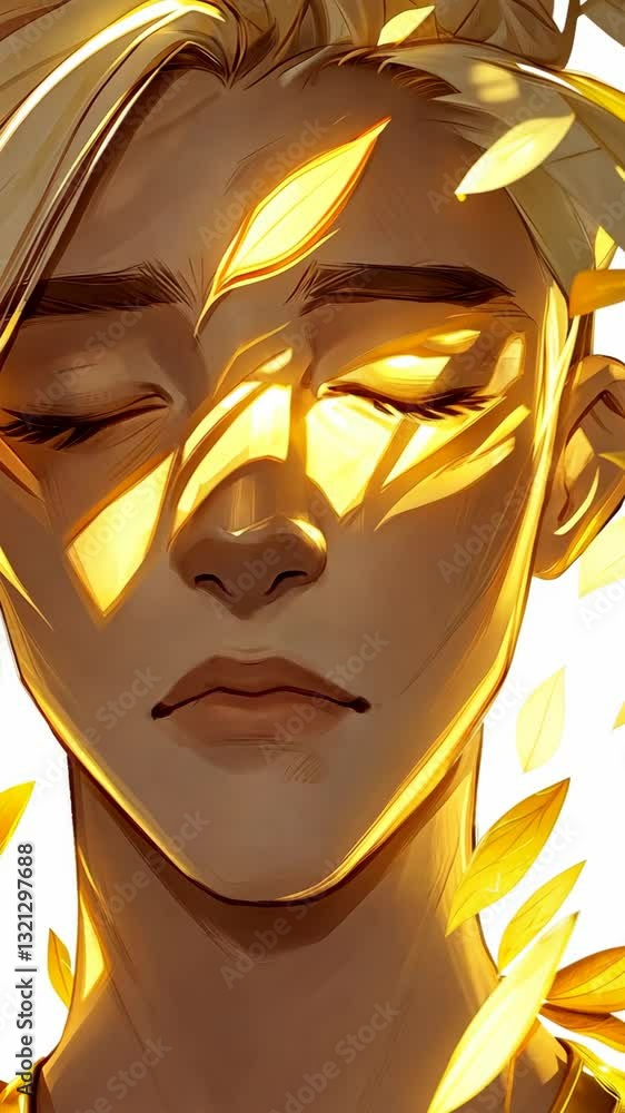 Poster youthful figure surrounded by glowing leaves in an enchanting display of light and color depicting s