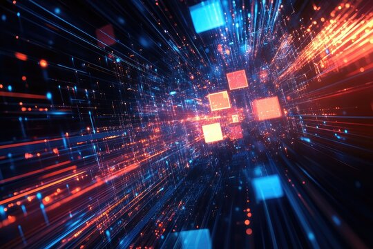 Dynamic digital tunnel with vibrant glowing blocks and lines