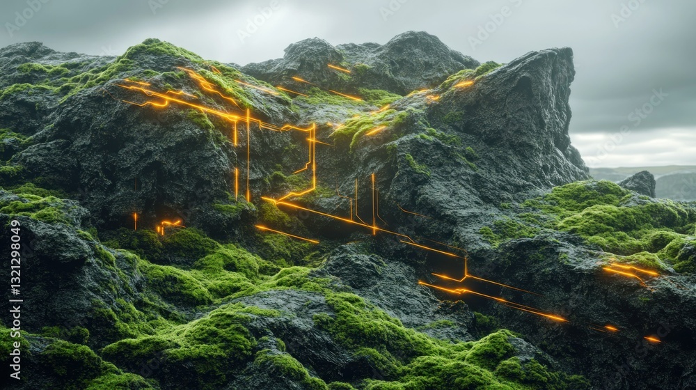 Poster a combination of natural rocks covered in moss and intricate glowing technological circuit lines bac