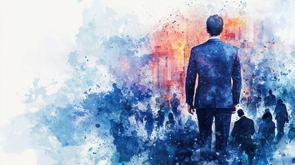 Fototapeta premium Businessman Walking Toward Cityscape in Vibrant Abstract Style