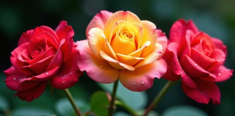 Obraz premium Close-up, three vibrant roses with glistening droplets, white background, nature