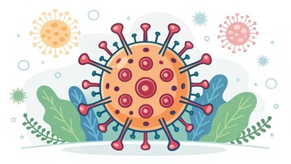 A colorful illustration of a virus surrounded by abstract shapes and plants, highlighting microbial life.