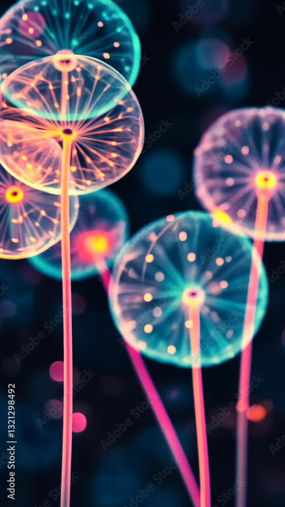Poster colorful glowing dandelion-like structures illuminated against a dark background in a mystical setti