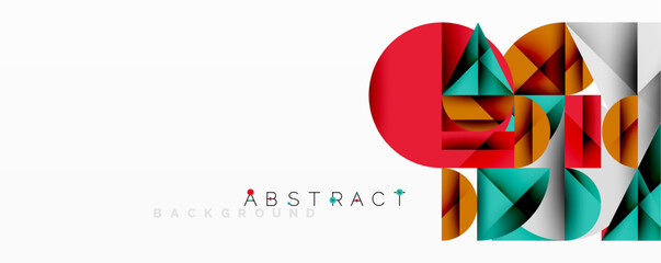 Abstract geometric artwork with overlapping circles and gradients, circle square triangle shapes background featuring sharp angular cuts, smooth shading, and structured layered composition