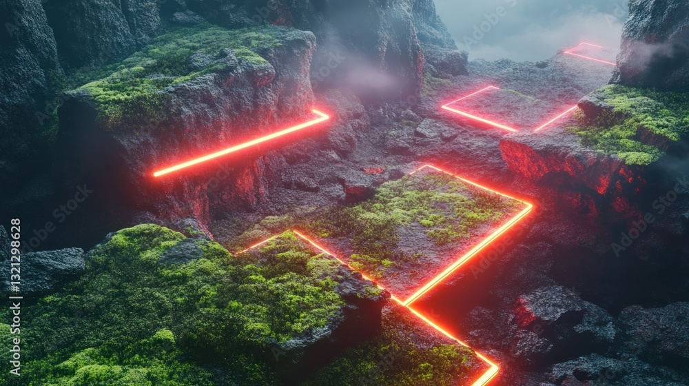 Aufkleber a combination of natural rocks covered in moss and intricate glowing technological circuit lines bac