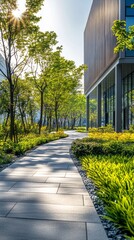 Obraz premium A winding pathway surrounded by vibrant green plants leads to a sleek building. Sunlight filters through tree branches, casting gentle shadows on the stones