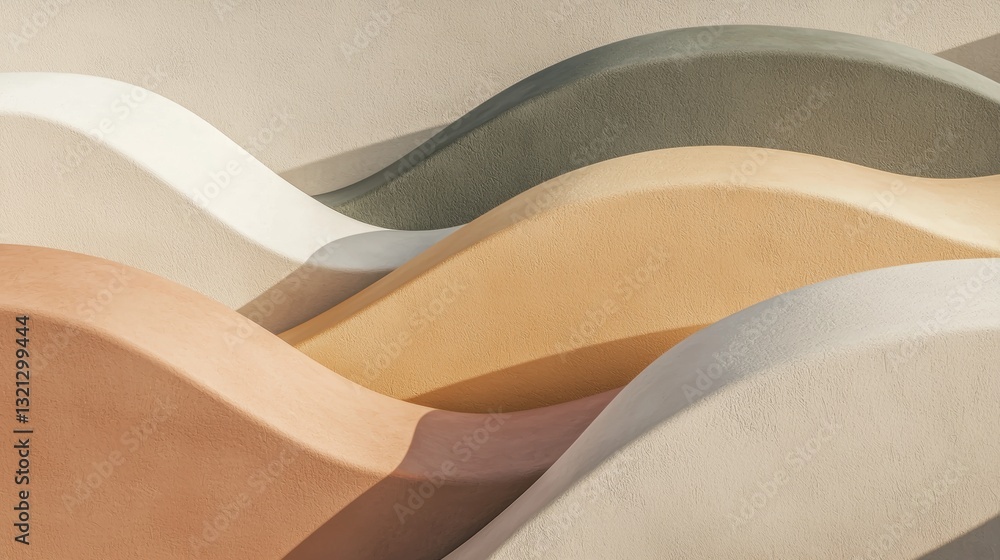 Poster abstract composition of three curved shapes in different colors. the shapes are arranged in a way th