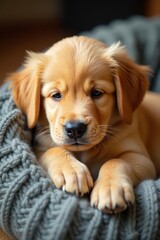 Fluffy golden retriever pup dreaming on a knitted throw , nap, cute dog