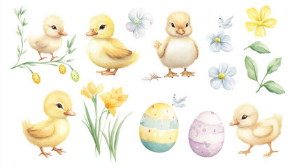 Easter collection featuring adorable chicks, ducklings, flowers, and Easter eggs. A soft Easter bunny illustration in vector watercolour
