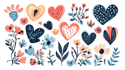 Decorated with flowers and abstract hearts. illustration in the doodling style using vectors. On a white background, isolated