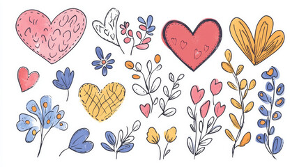 Decorated with flowers and abstract hearts. illustration in the doodling style using vectors. On a white background, isolated