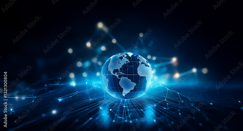 Poster a glowing blue globe hovers above a dark surface, connected by bright lines and dots, evoking a sens