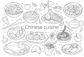 Chinese cuisine outline icon set. Asian food engraved monochrome vector illustration. Mapo tofu, rice, peking duck, dumplings, fortune cookies, wonton, wonton soup, springs rolls and noodle soup.