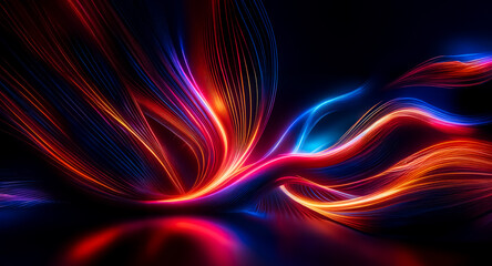 Naklejka premium Vibrant streaks of red, orange, and blue light gracefully curve and flow against a dark backdrop, creating a dynamic and abstract composition with a reflective surface.